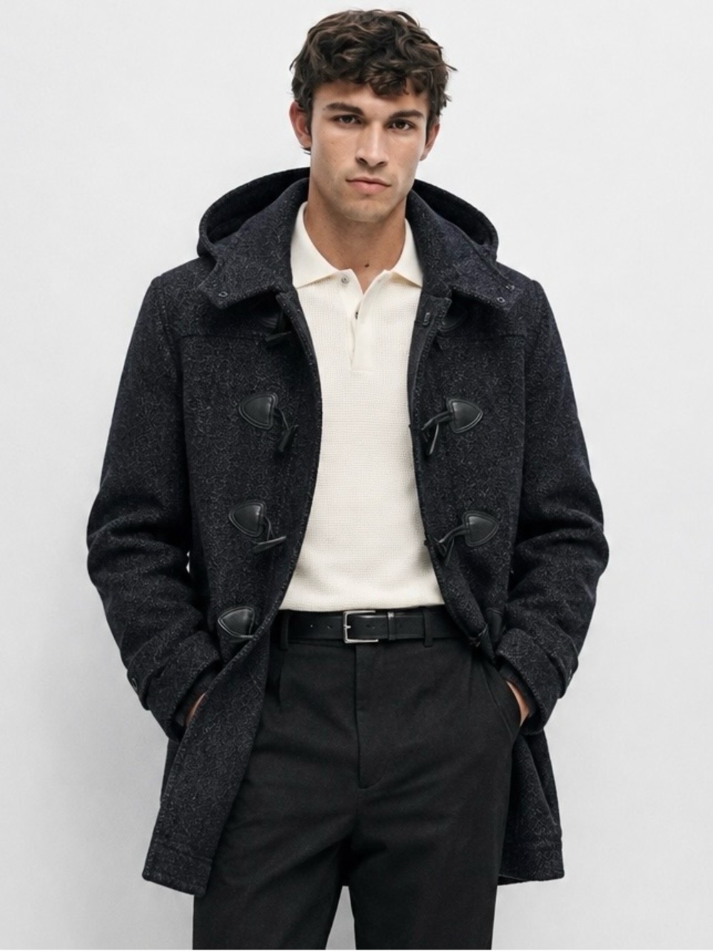 Express Black Toggle Paddington Duffle Hooded Wool Blend Tweed Coat Size Small